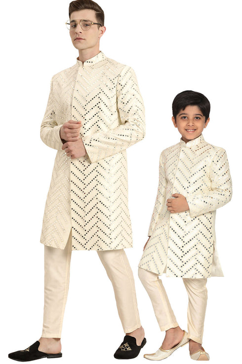 VASTRAMAY Cream Mirror Work Indo Western Baap Beta Set